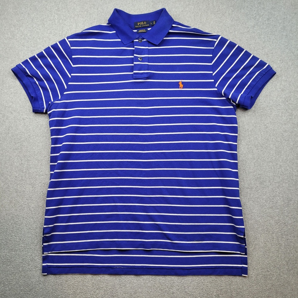 Polo Ralph Lauren Polo Shirt Mens Large Blue Striped Custom Fit Stretch Mesh